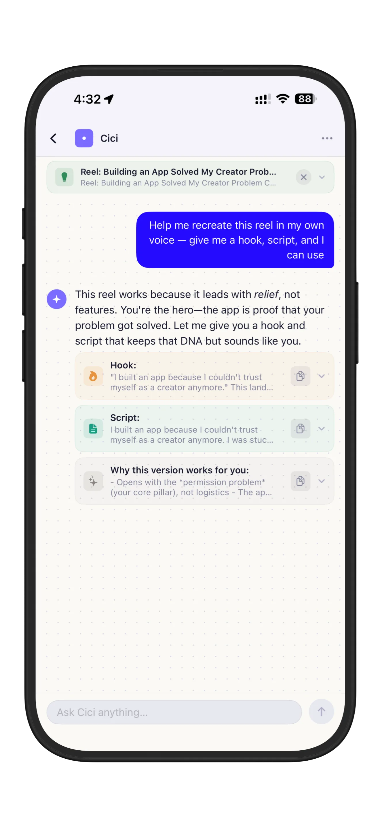 Creator Creator Cici chat screen drafting a reel in the user's voice