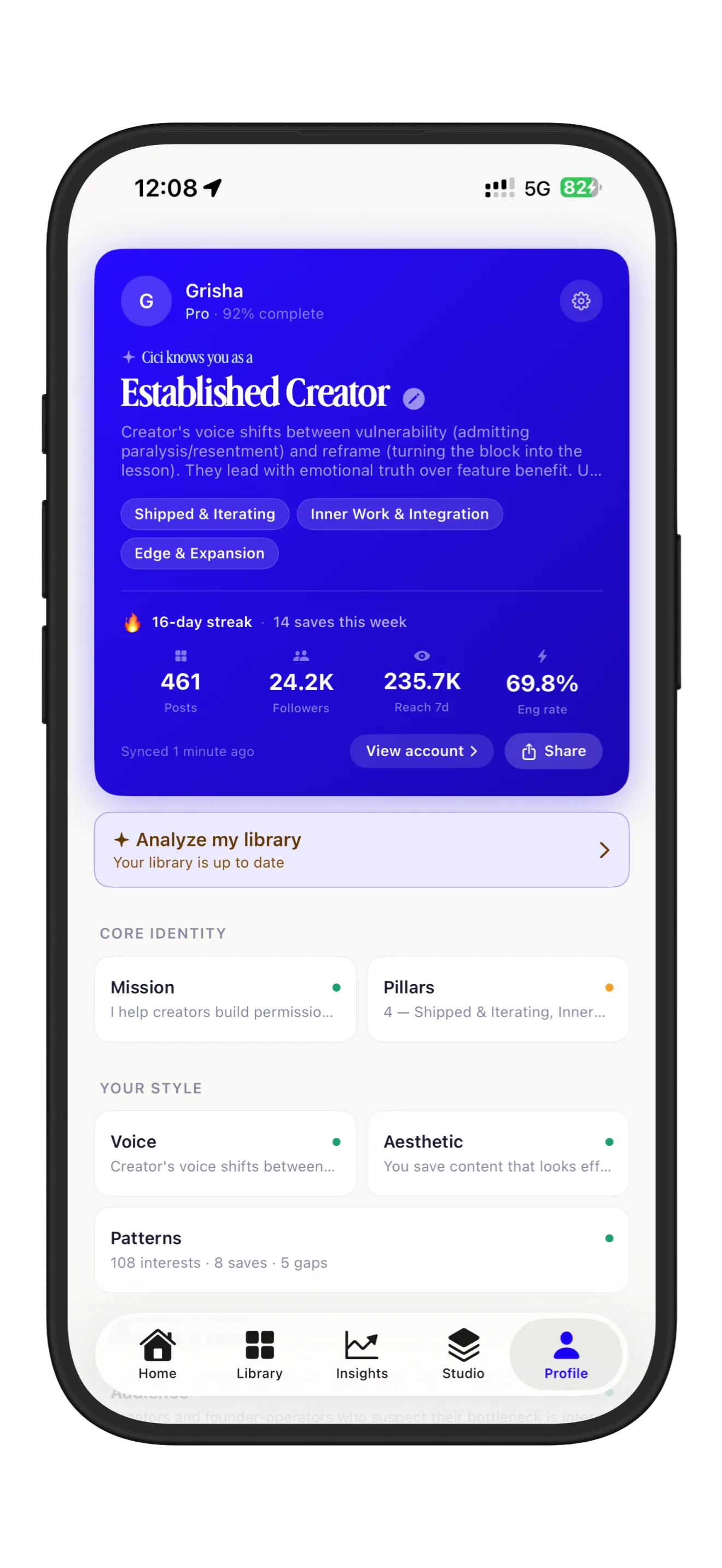 Creator Creator profile screen showing the user's Creative DNA