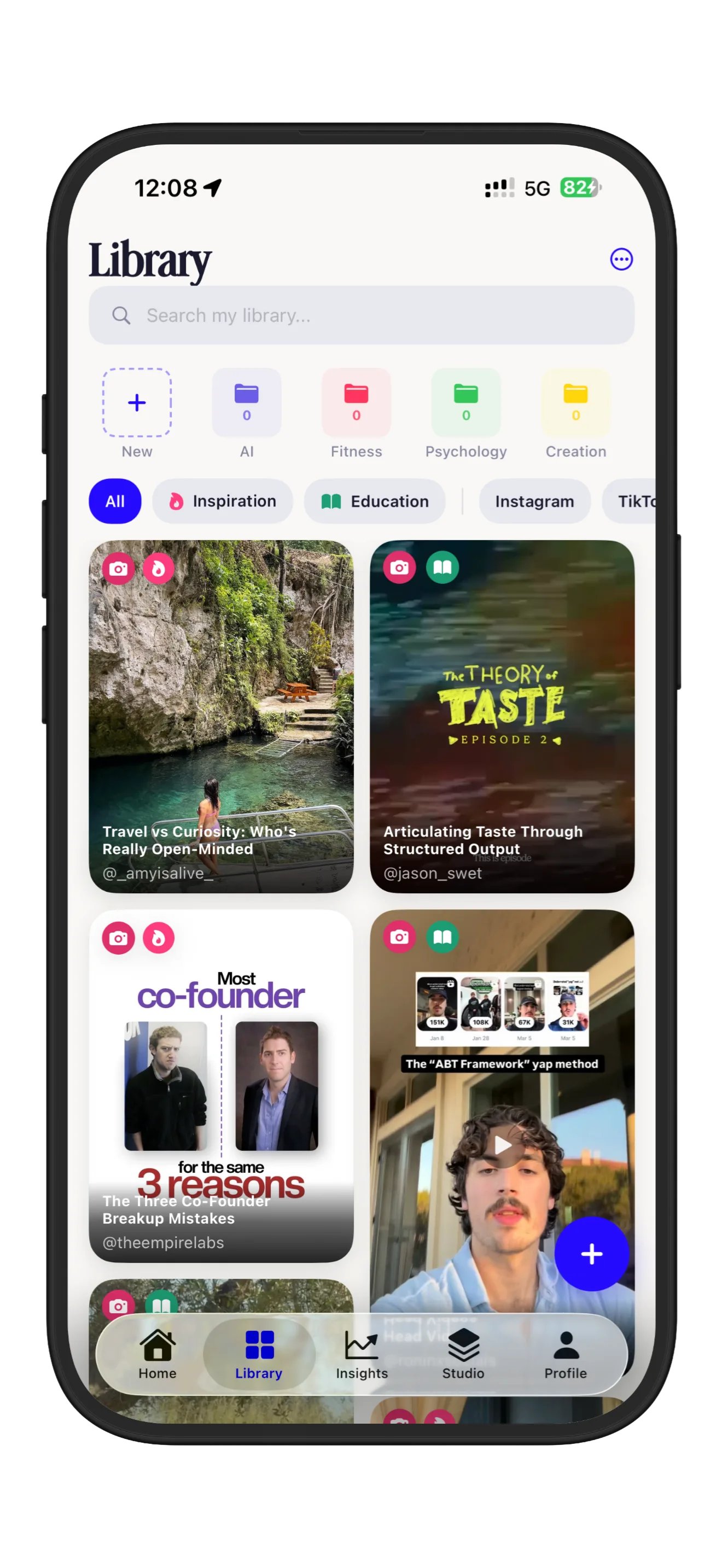 Creator Creator Library screen with saved posts and filters